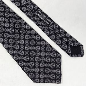 STEFANO RICCI SAKS SILK TIE BLACK SILVER MEDALLION CIRCLE SATIN 3.75" X 57"